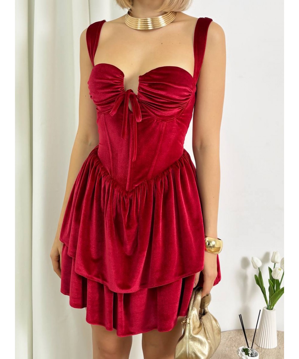 KORSELİ KADİFE KIRMIZI MİNİ ELBİSE
