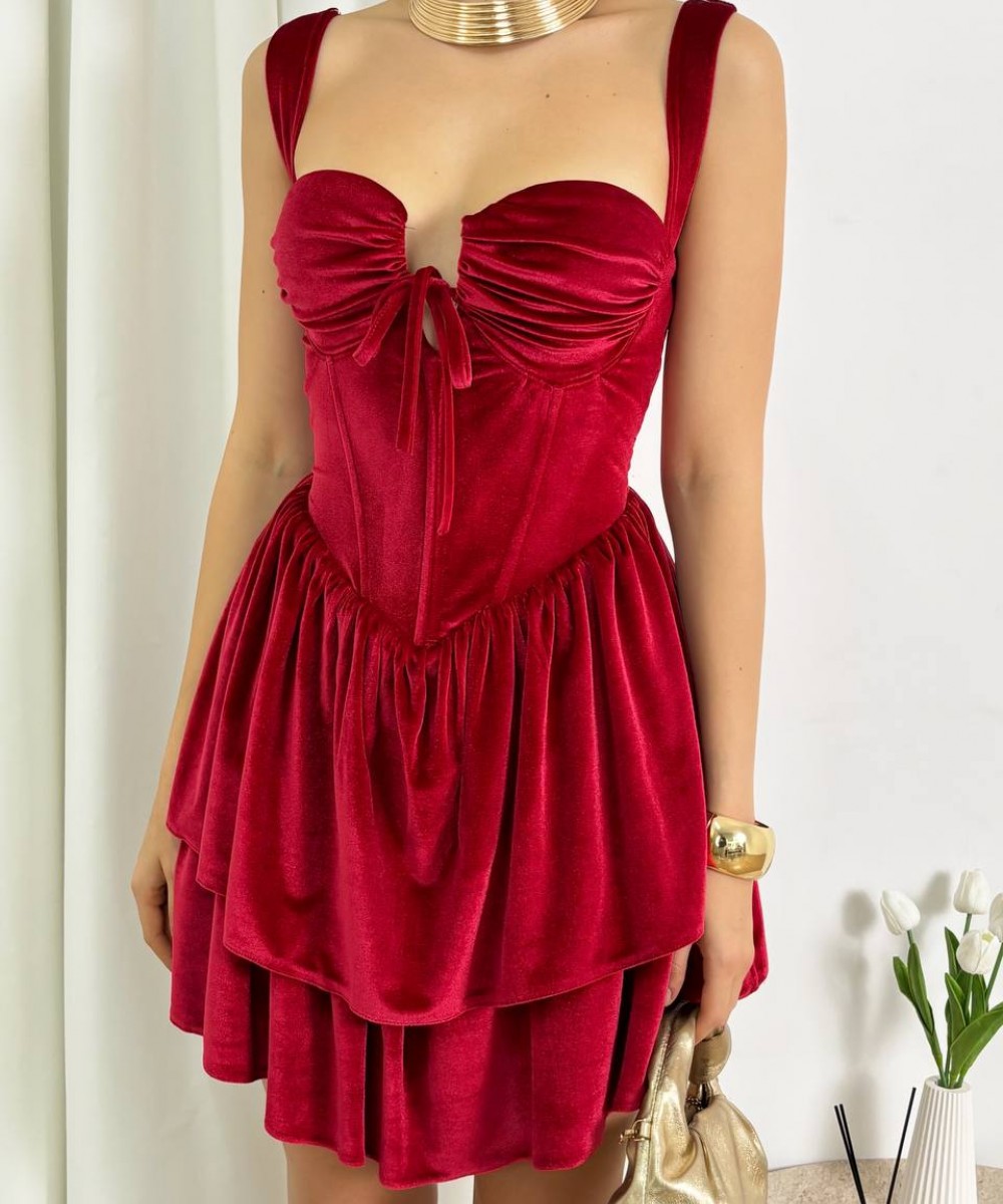 KORSELİ KADİFE KIRMIZI MİNİ ELBİSE