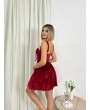 KORSELİ KADİFE KIRMIZI MİNİ ELBİSE
