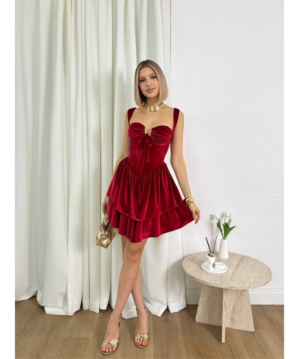 KORSELİ KADİFE KIRMIZI MİNİ ELBİSE
