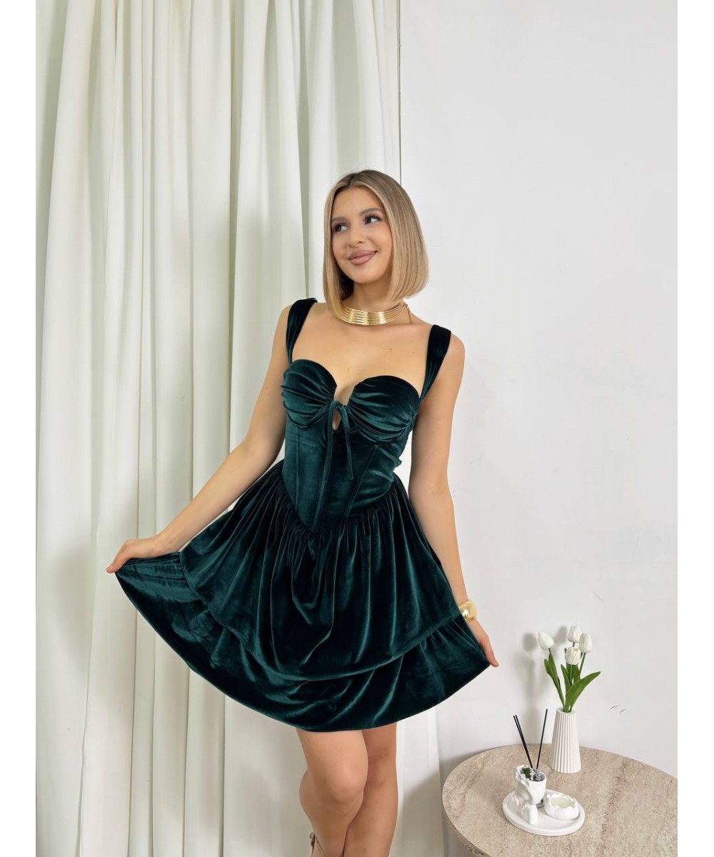 KORSELİ ZÜMRÜT YEŞİLİ KADİFE ELBİSE