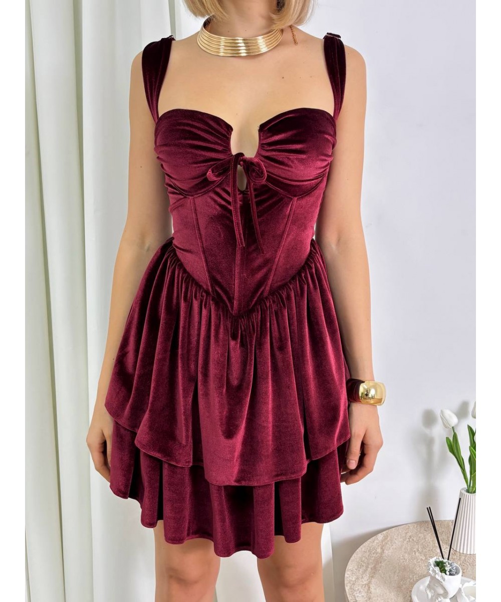 KORSELİ KADİFE BORDO MİNİ ELBİSE