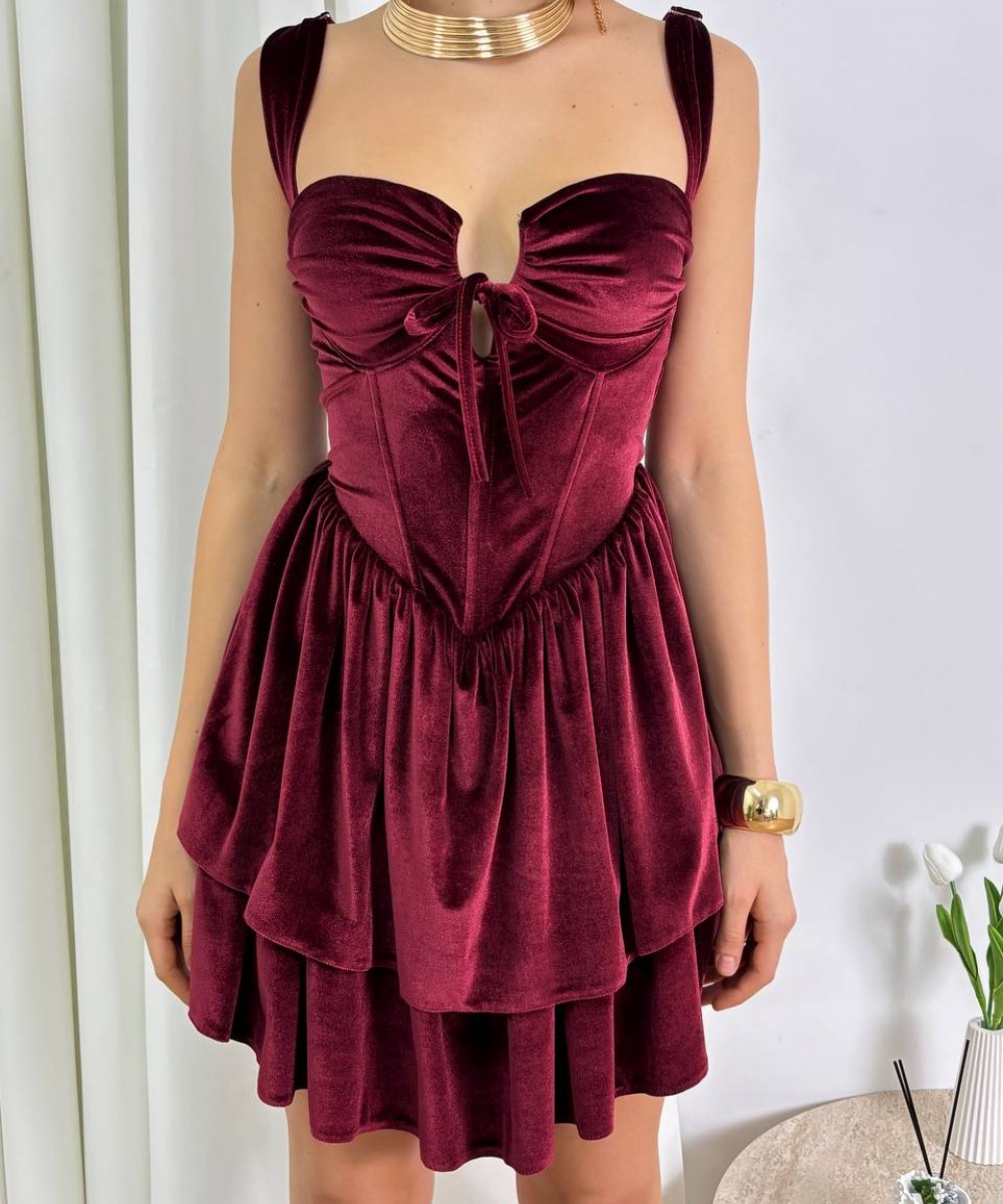KORSELİ KADİFE BORDO MİNİ ELBİSE
