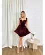 KORSELİ KADİFE BORDO MİNİ ELBİSE