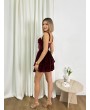 KORSELİ KADİFE BORDO MİNİ ELBİSE