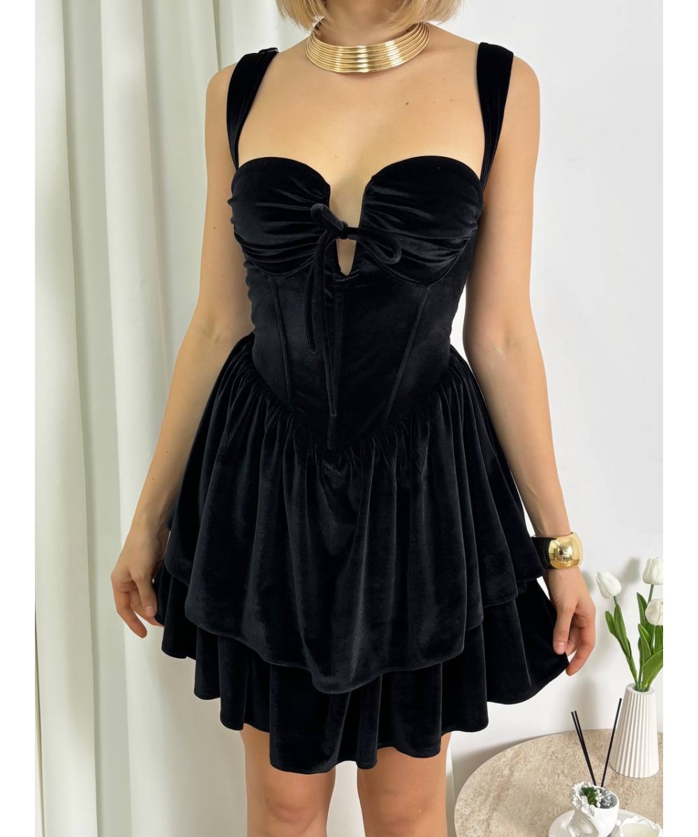 KORSELİ KADİFE SİYAH ELBİSE