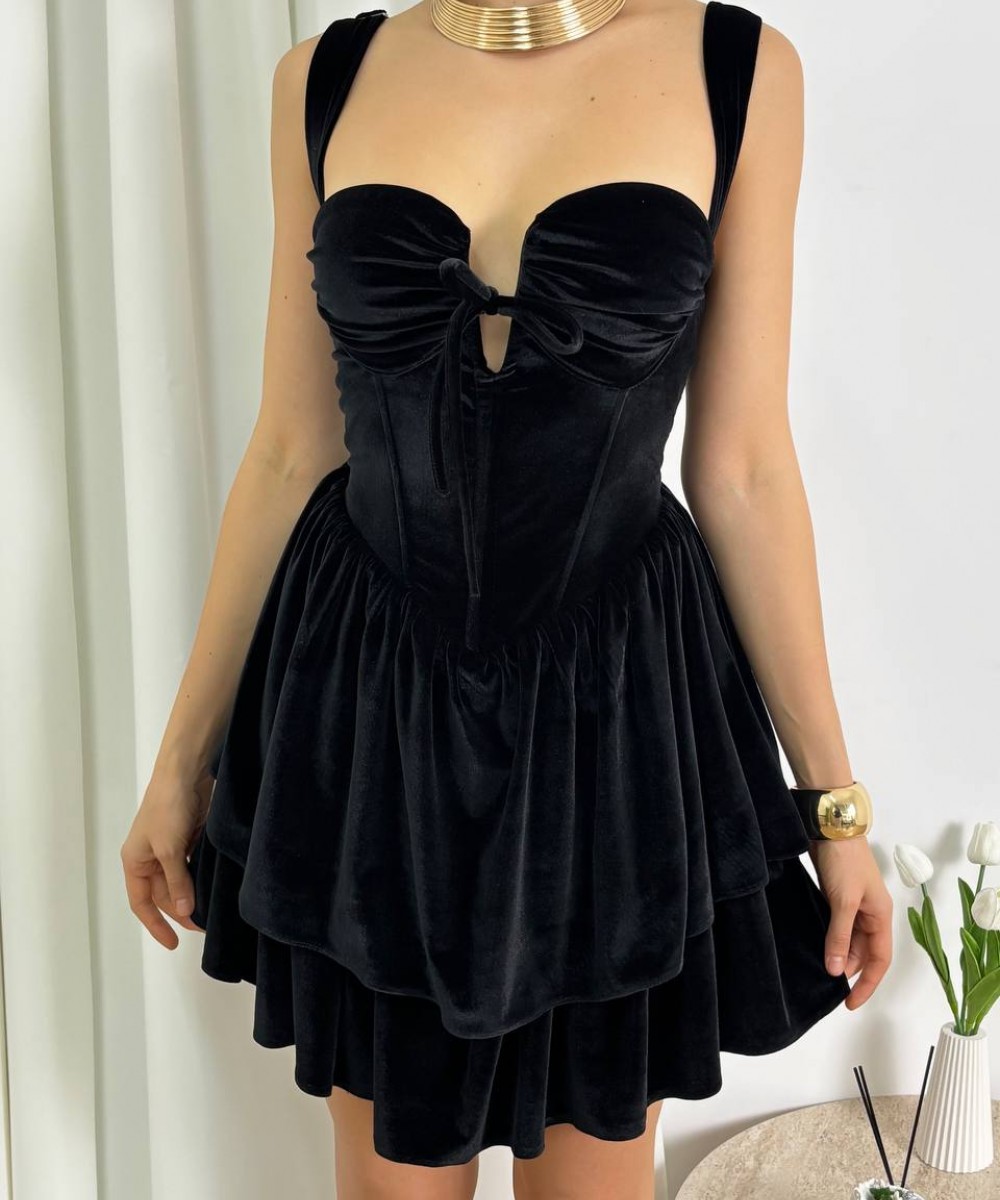 KORSELİ KADİFE SİYAH ELBİSE 