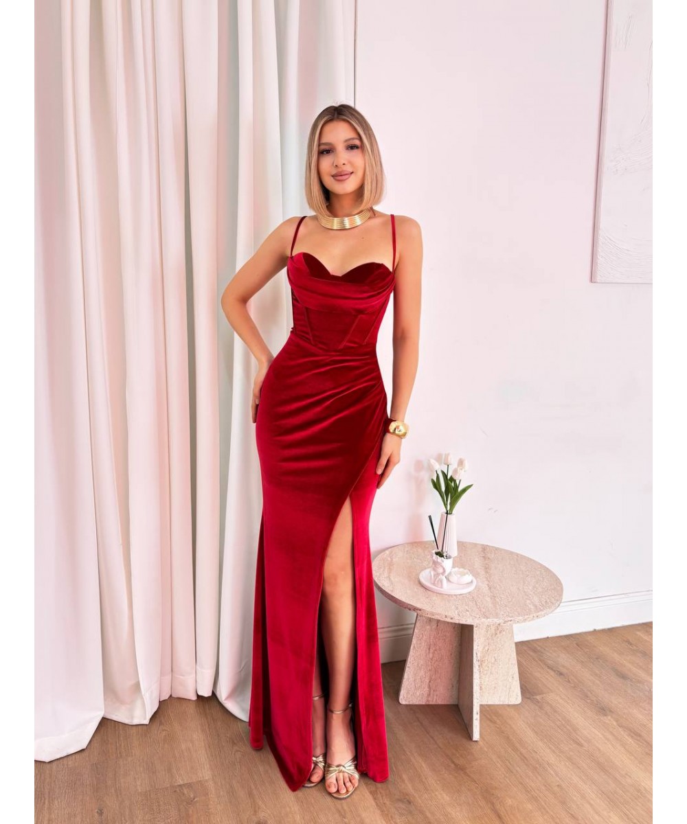 KADİFE SIRT DEKOLTELİ KIRMIZI ELBİSE
