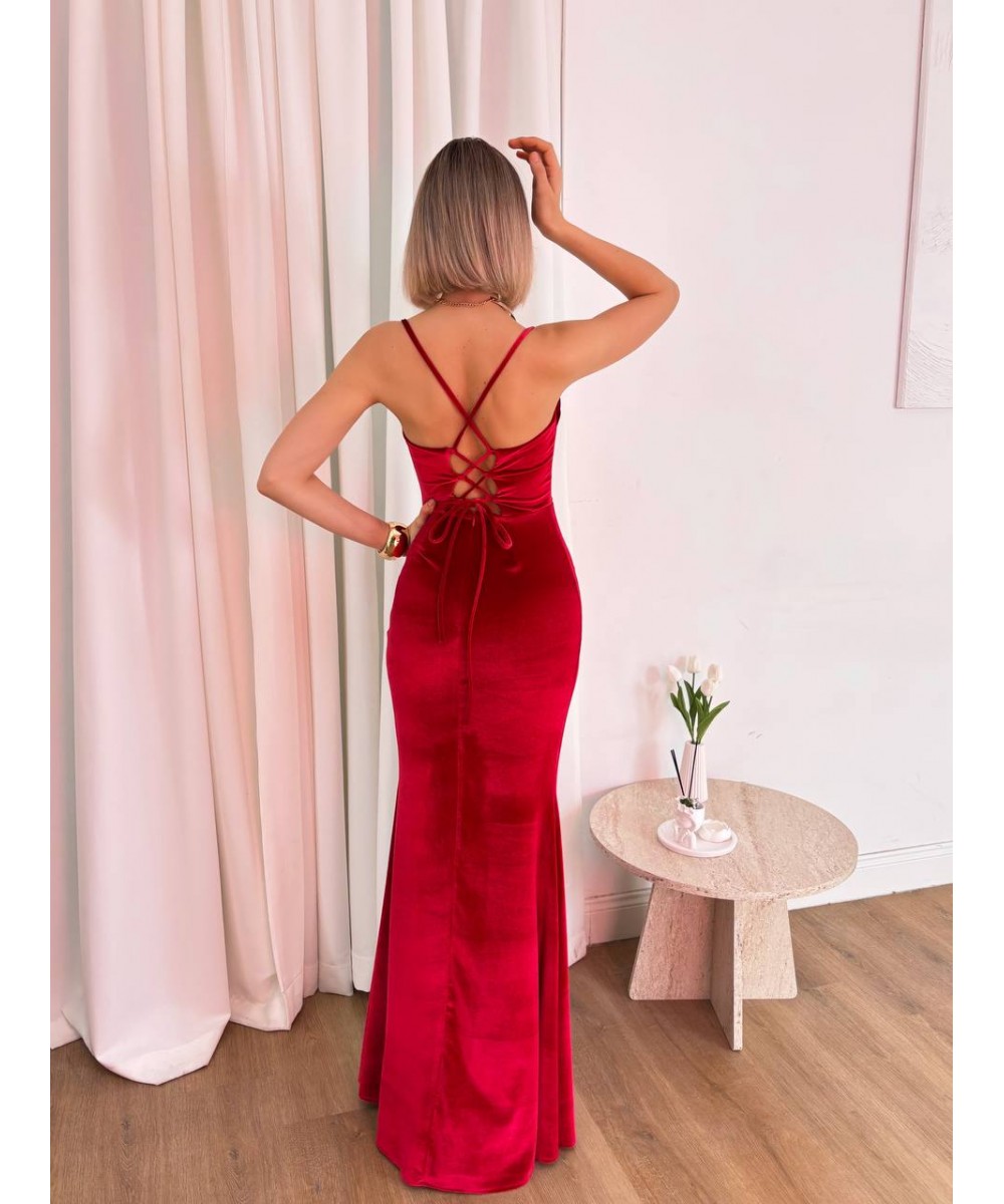 KADİFE SIRT DEKOLTELİ KIRMIZI ELBİSE