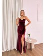 SIRT DEKOLTELİ KADİFE BORDO UZUN ELBİSE