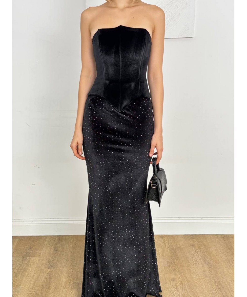 KADİFE KORSELİ SİYAH ELBİSE