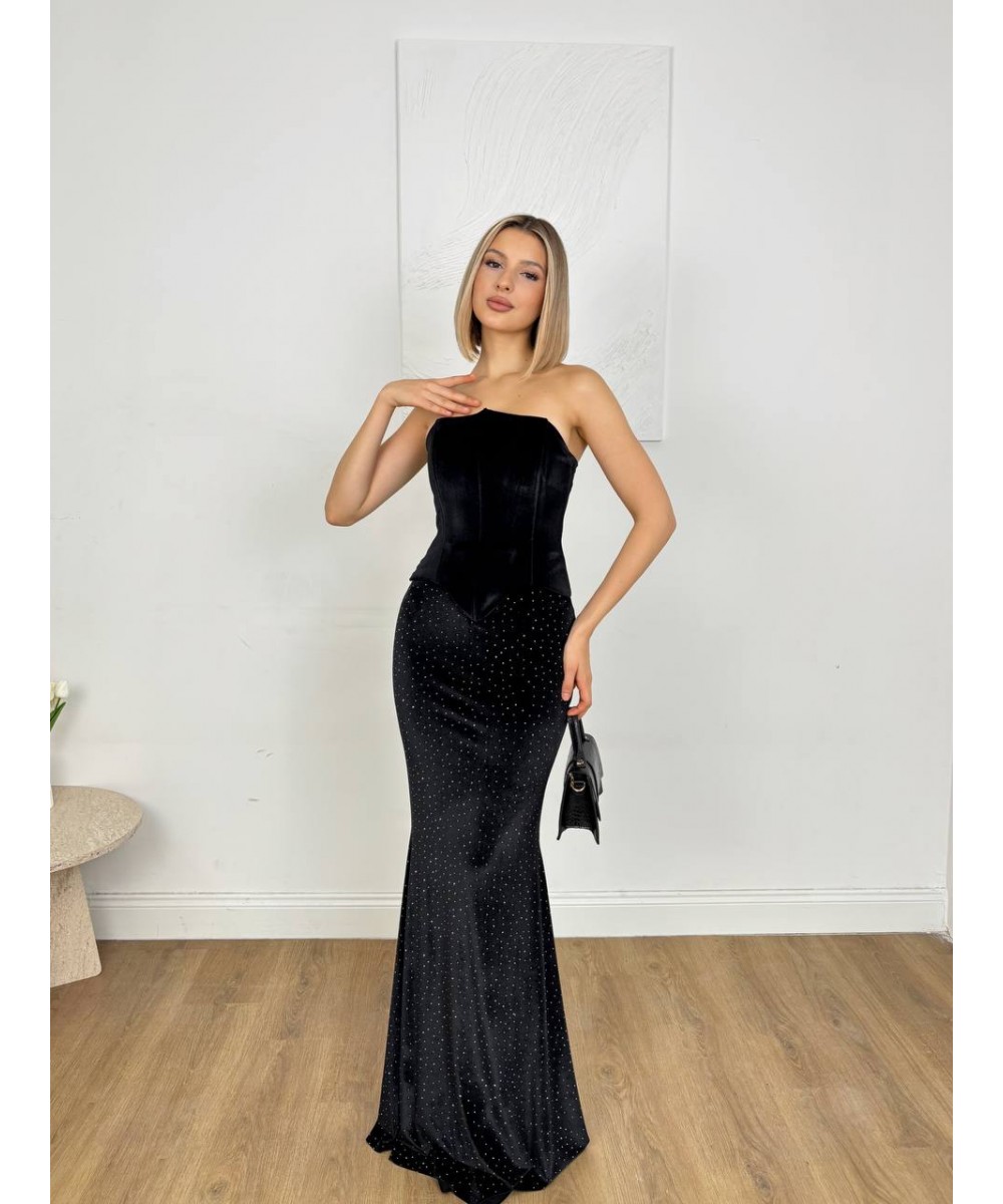 KADİFE KORSELİ SİYAH ELBİSE