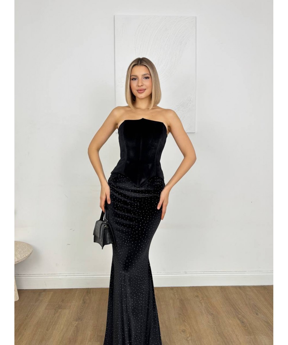 KADİFE KORSELİ SİYAH ELBİSE