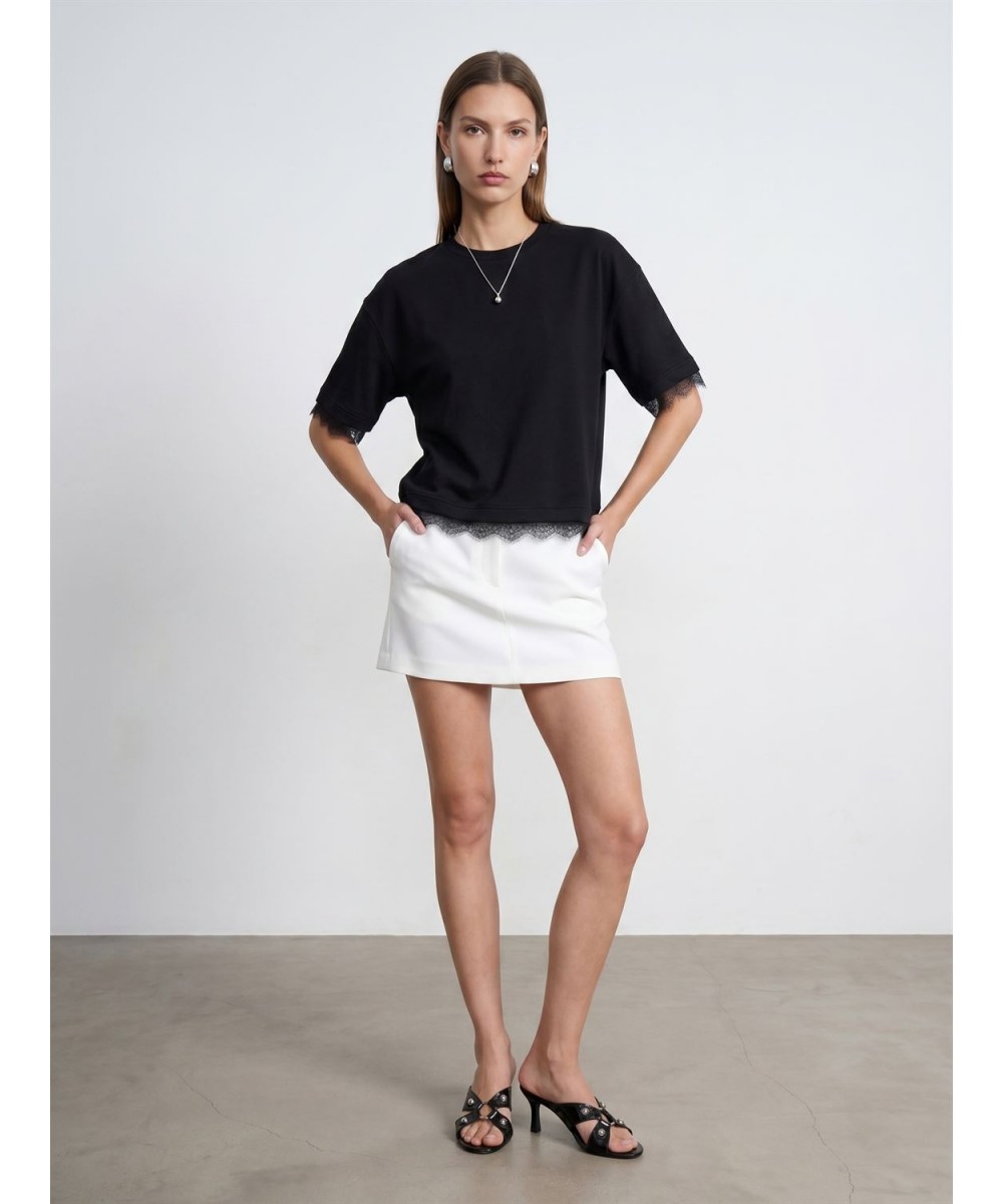 Dantel Detaylı Kısa Kollu T-shirt-Siyah