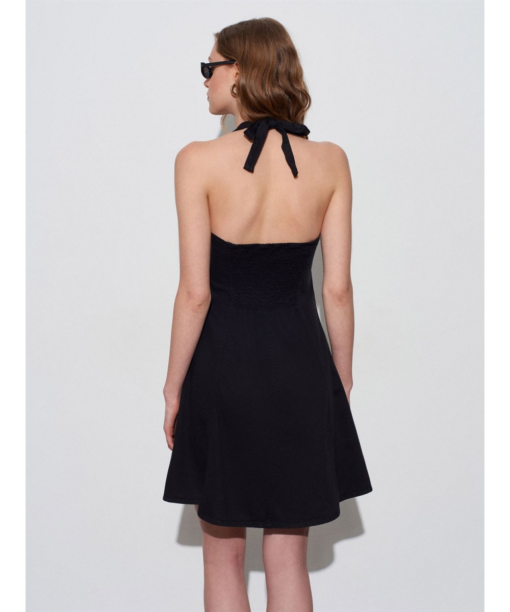 Halter Yaka Denim Mini Elbise-Siyah