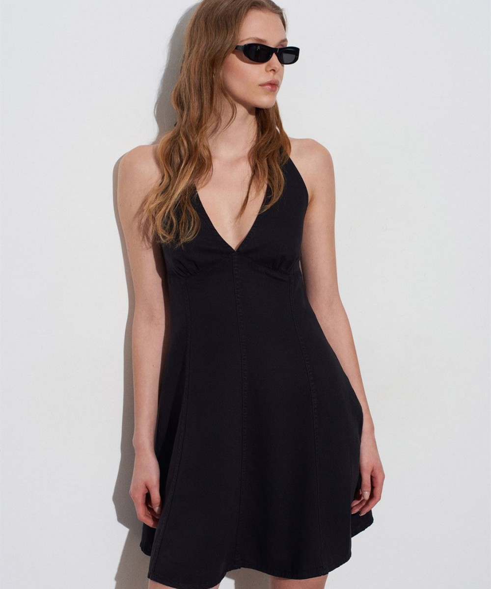 Halter Yaka Denim Mini Elbise-Siyah