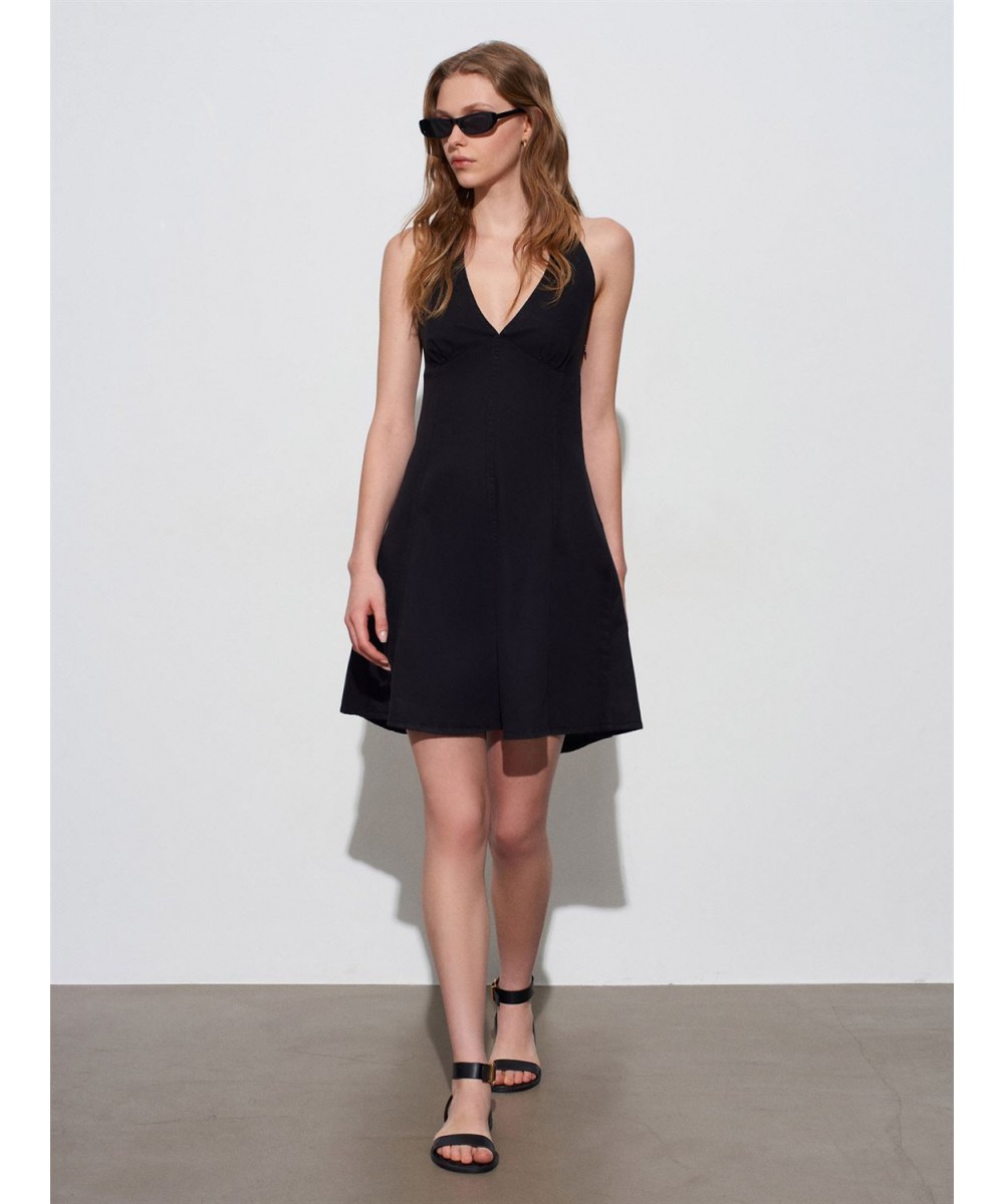 Halter Yaka Denim Mini Elbise-Siyah