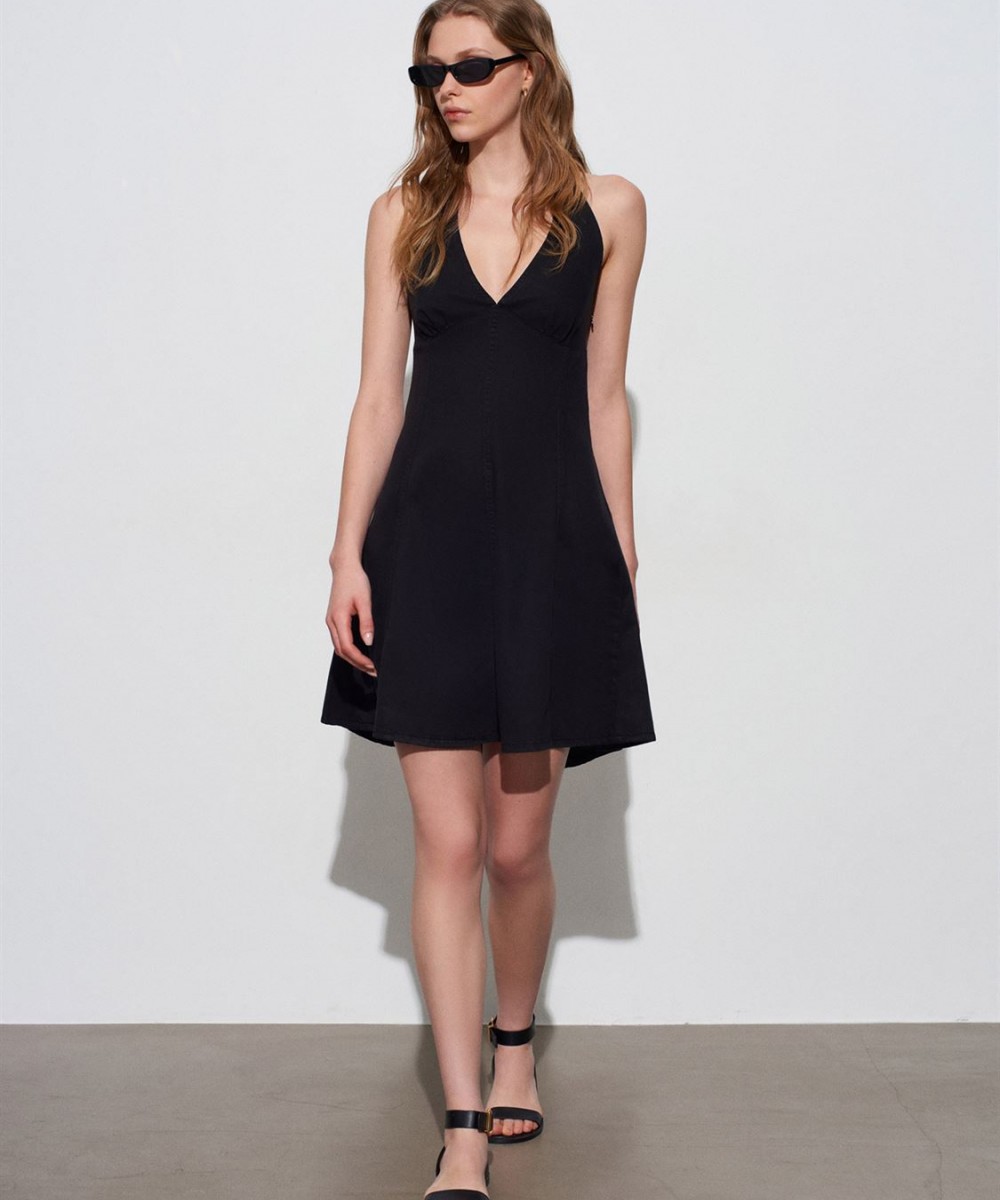 Halter Yaka Denim Mini Elbise-Siyah
