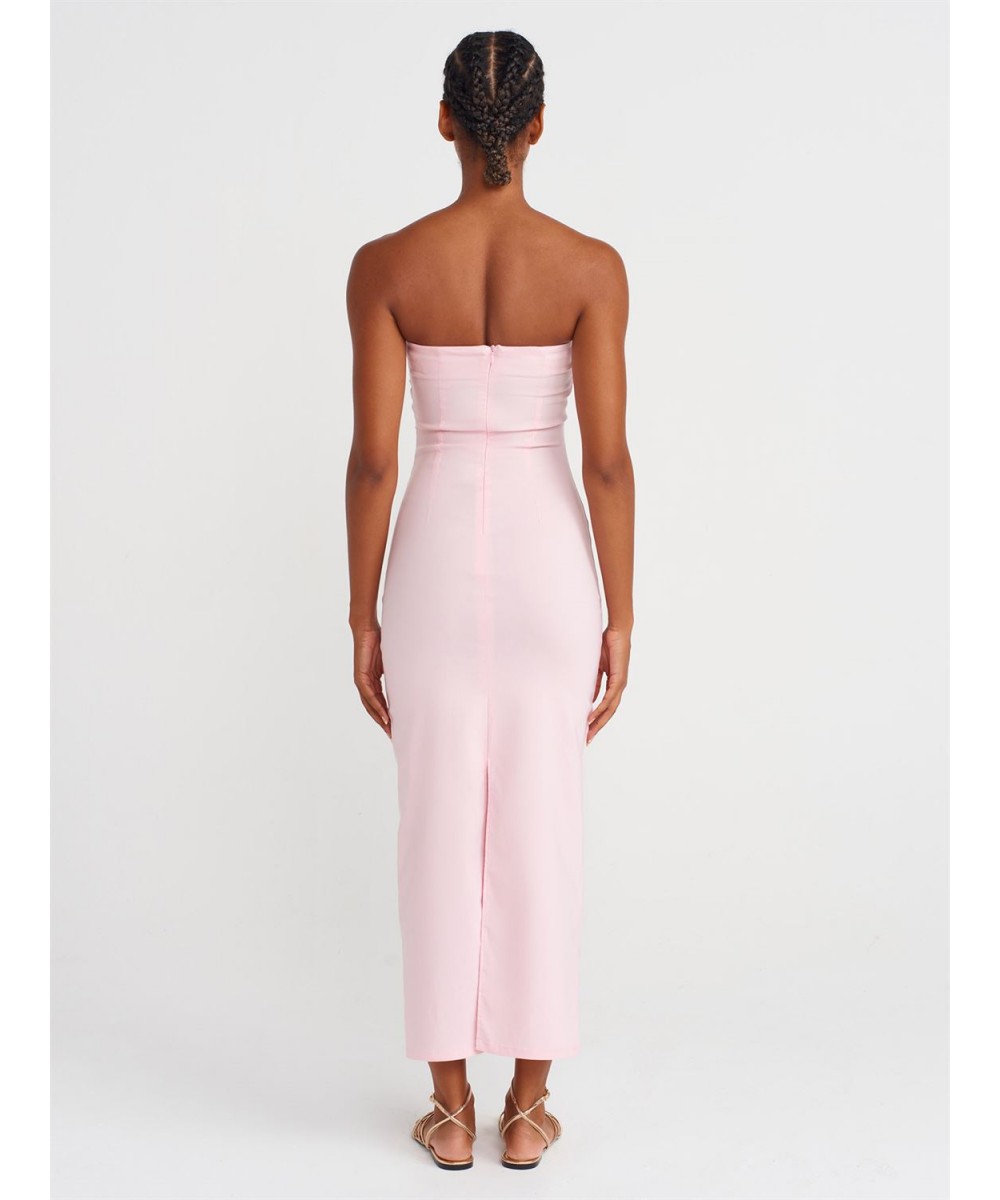 Straplez Midi Elbise-Toz Pembe