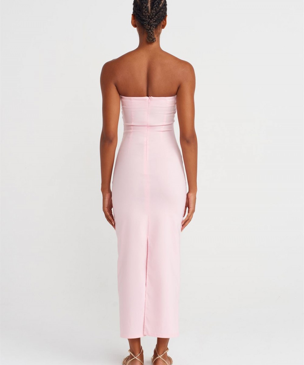 Straplez Midi Elbise-Toz Pembe