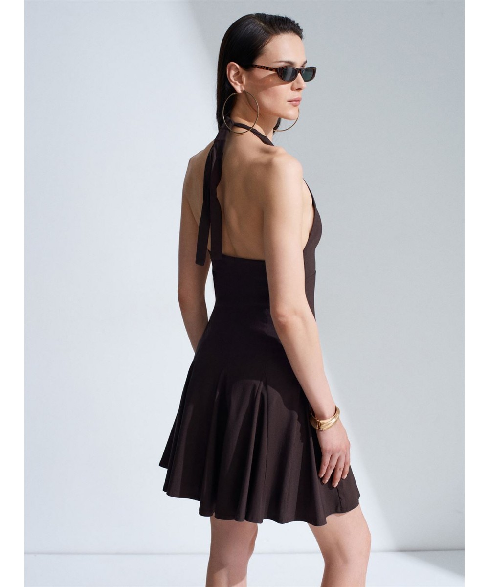 Halter Yaka Mini Elbise-Koyu Kahve