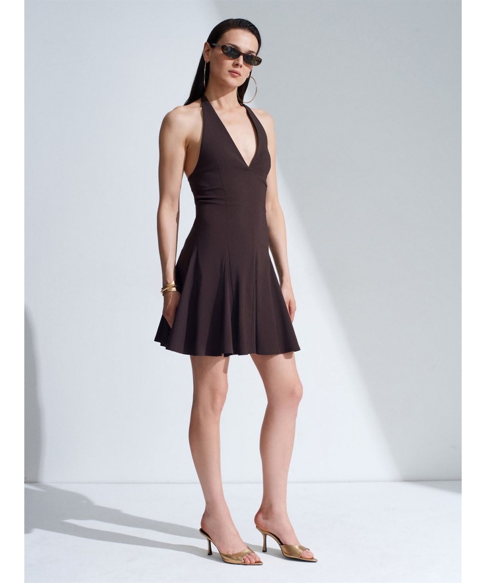 Halter Yaka Mini Elbise-Koyu Kahve