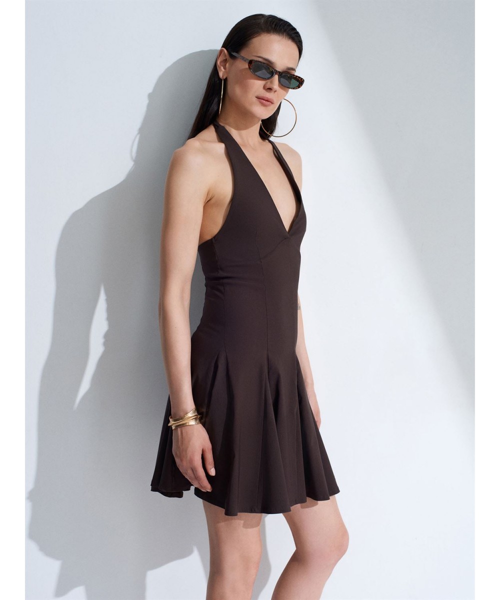 Halter Yaka Mini Elbise-Koyu Kahve
