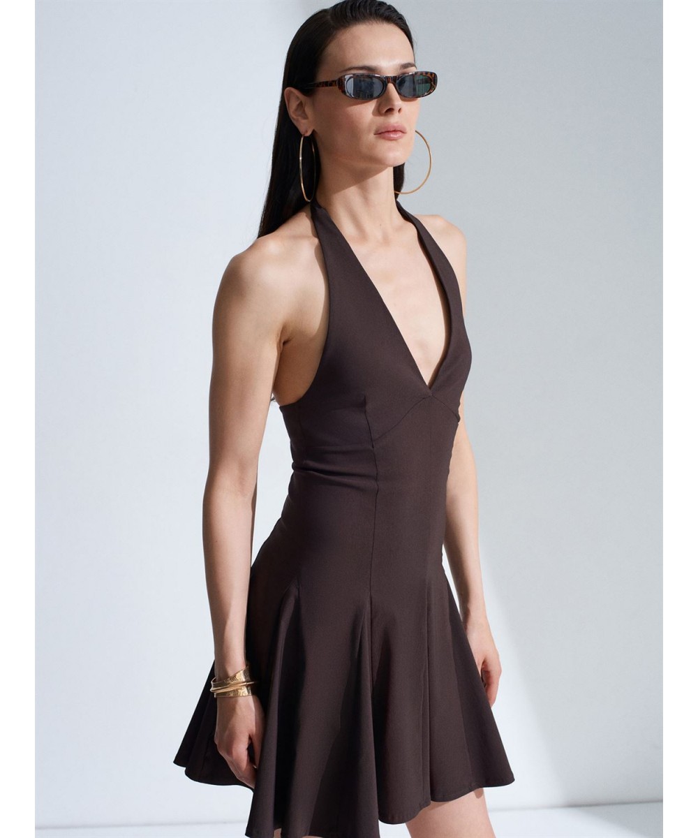 Halter Yaka Mini Elbise-Koyu Kahve