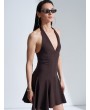 Halter Yaka Mini Elbise-Koyu Kahve