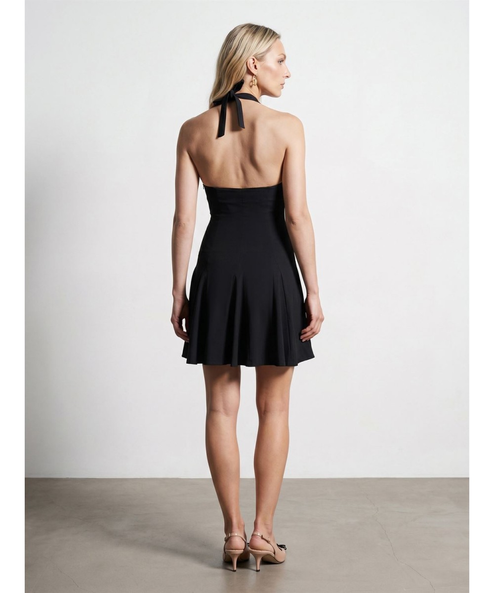 Halter Yaka Mini Elbise-Siyah