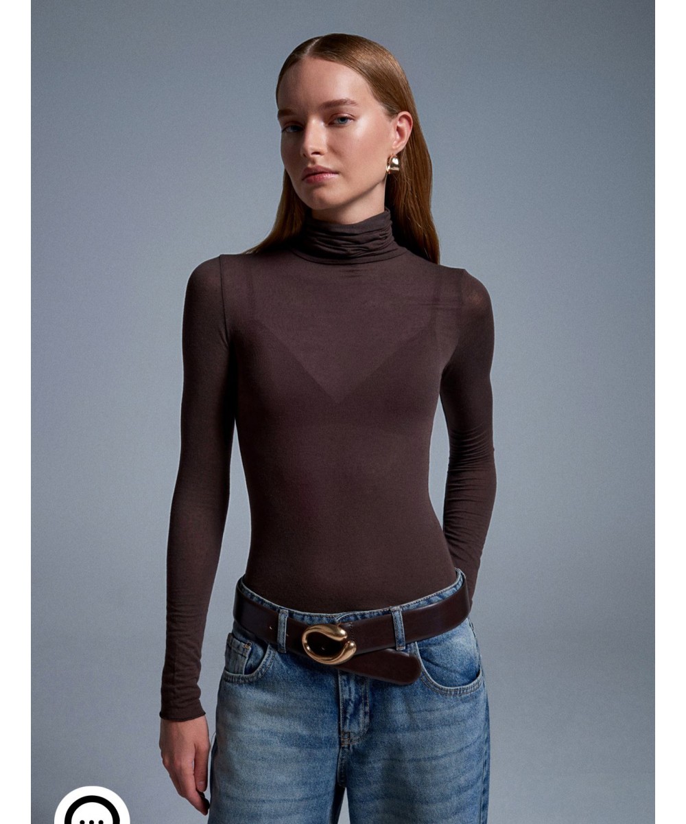 Balıkçı Yaka Kaşmir Bluz-Kahve