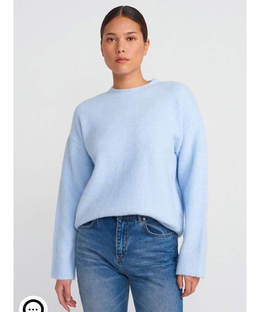 Bisiklet Yaka Yumuşak Dokulu Triko Kazak-Mavi