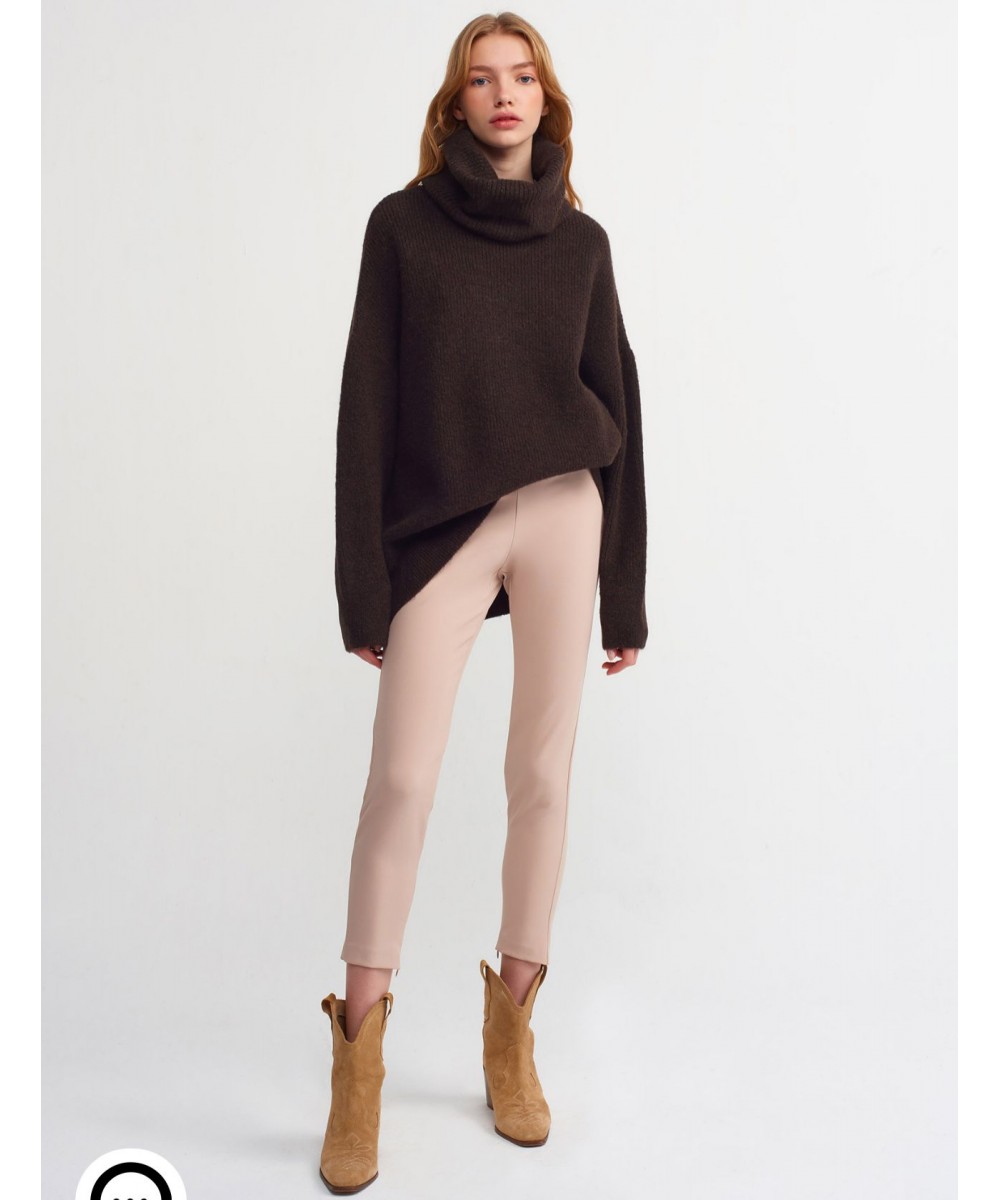 Balıkçı Yaka Oversize Kazak-Koyu Kahve