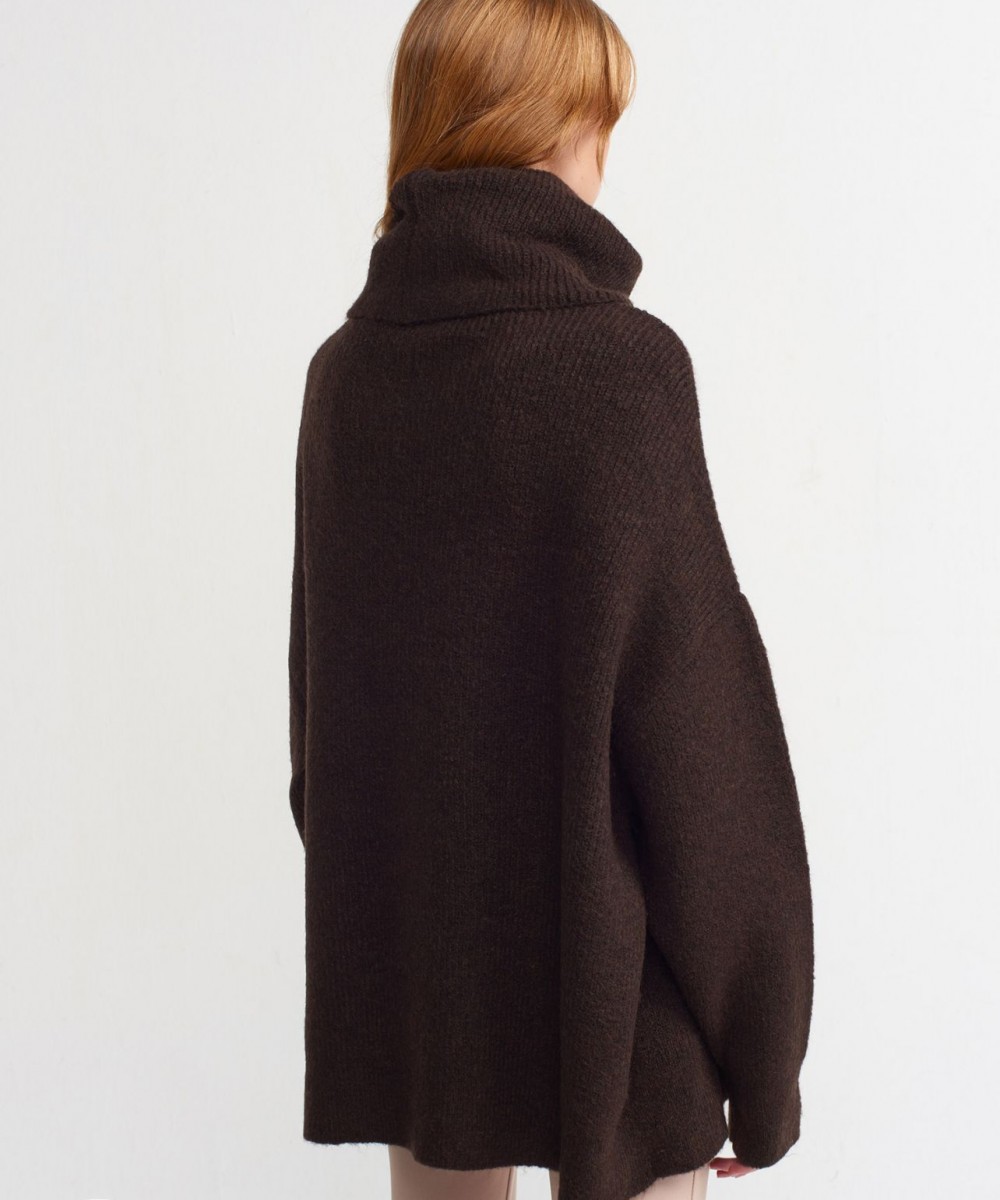 Balıkçı Yaka Oversize Kazak-Koyu Kahve