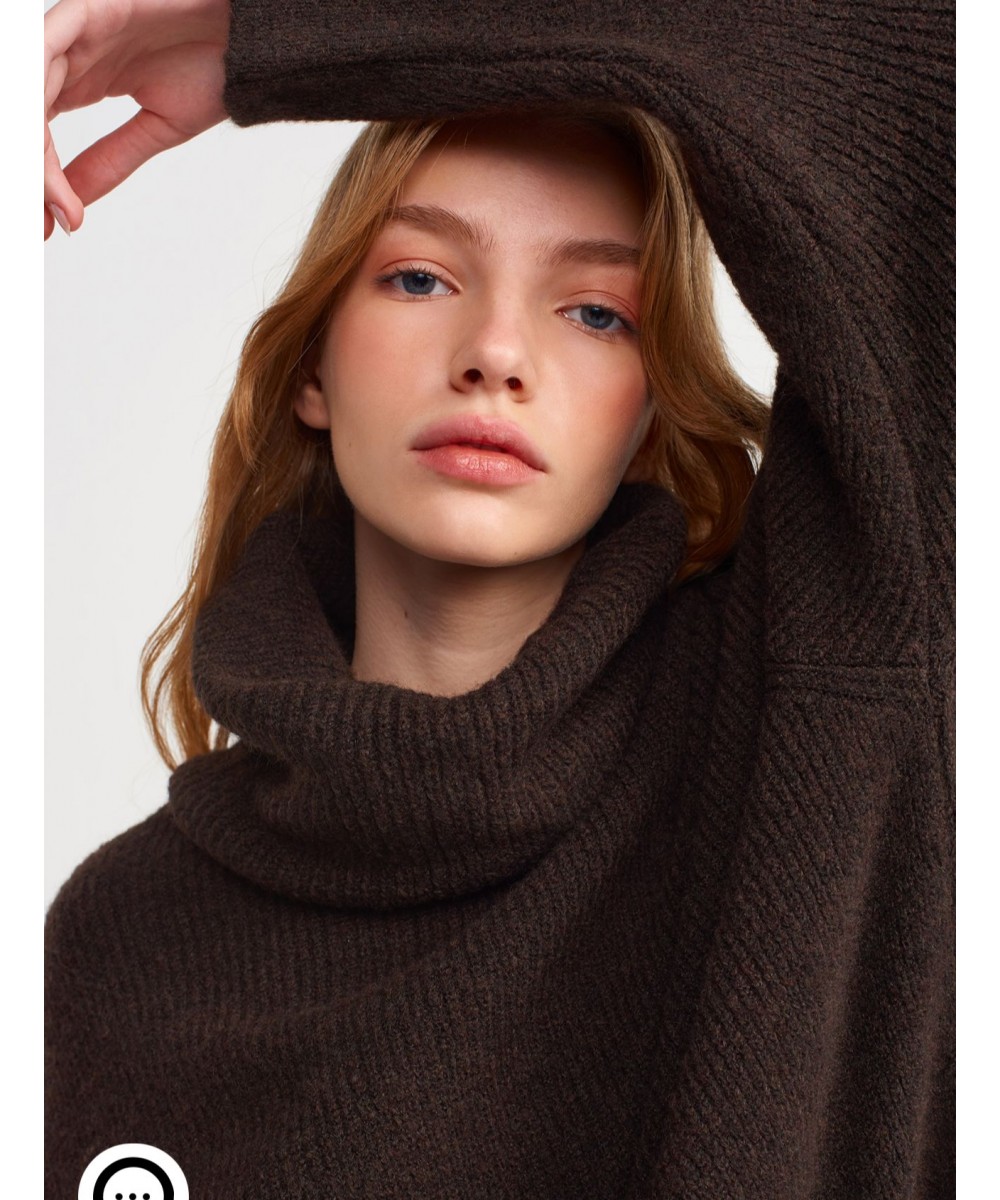 Balıkçı Yaka Oversize Kazak-Koyu Kahve