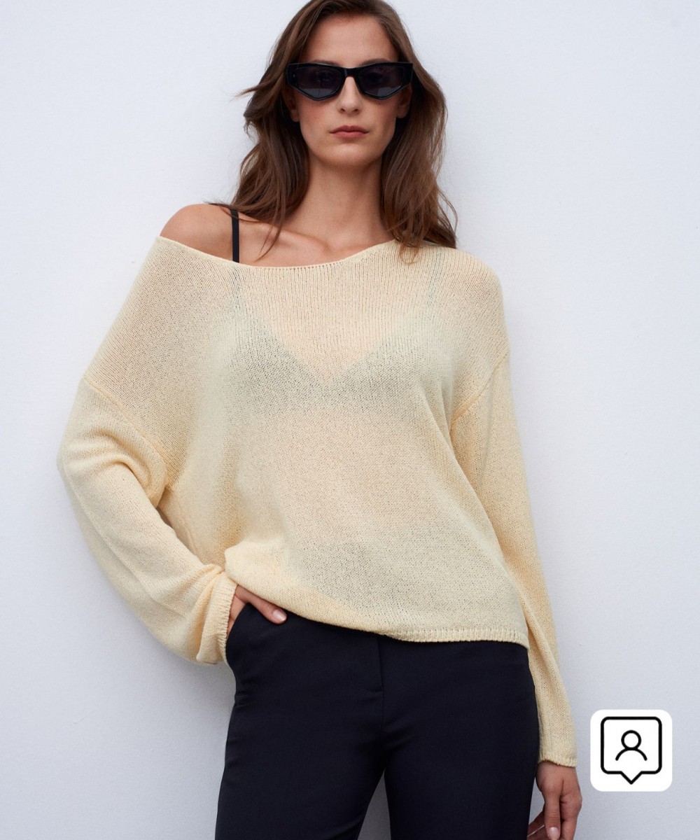 Oval Yaka Dökümlü Kazak-Açık Sarı