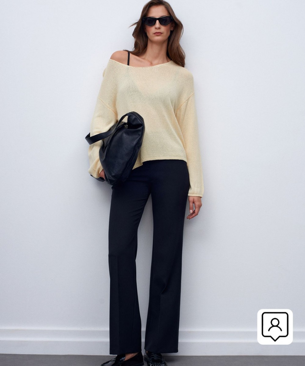 Oval Yaka Dökümlü Kazak-Açık Sarı