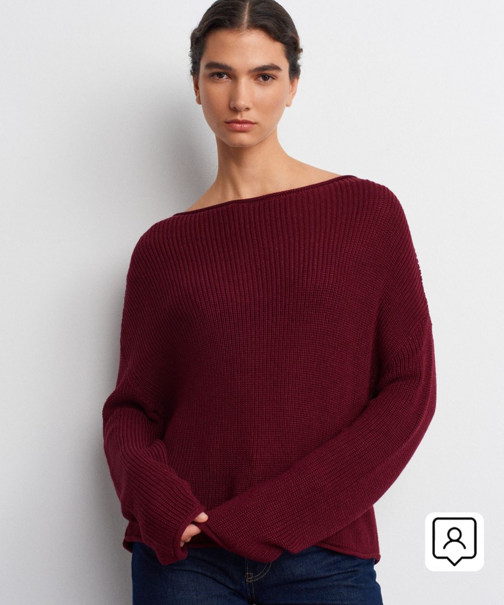 Kayık Yaka Dökümlü Triko Kazak-Bordo