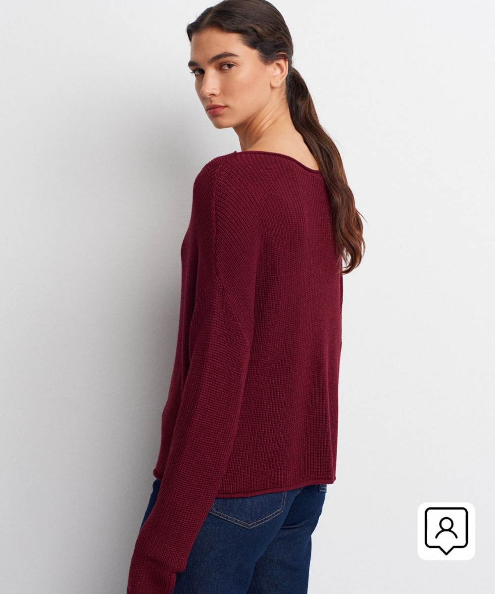 Kayık Yaka Dökümlü Triko Kazak-Bordo