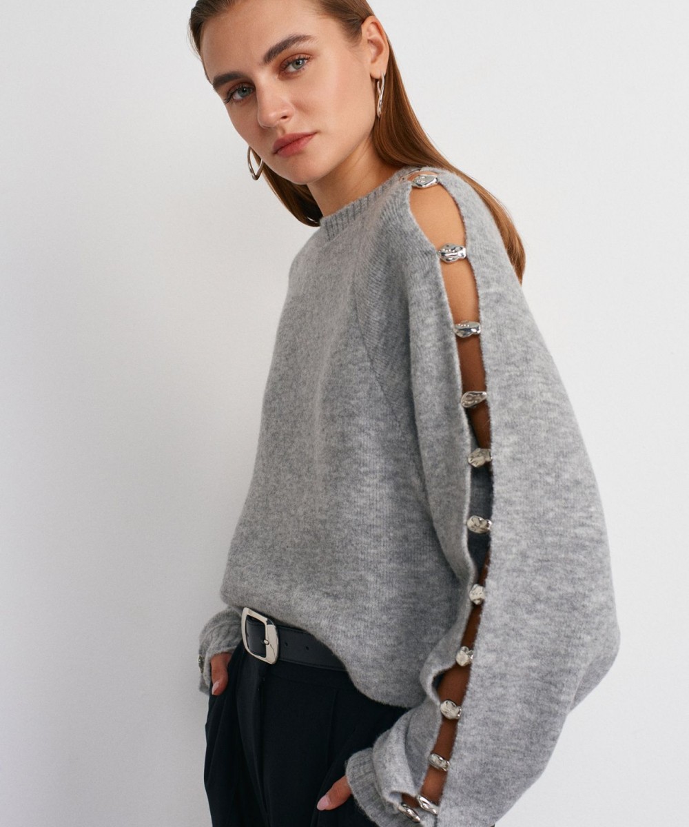 Bisiklet Yaka Aksesuar Detaylı Triko Kazak-Gri