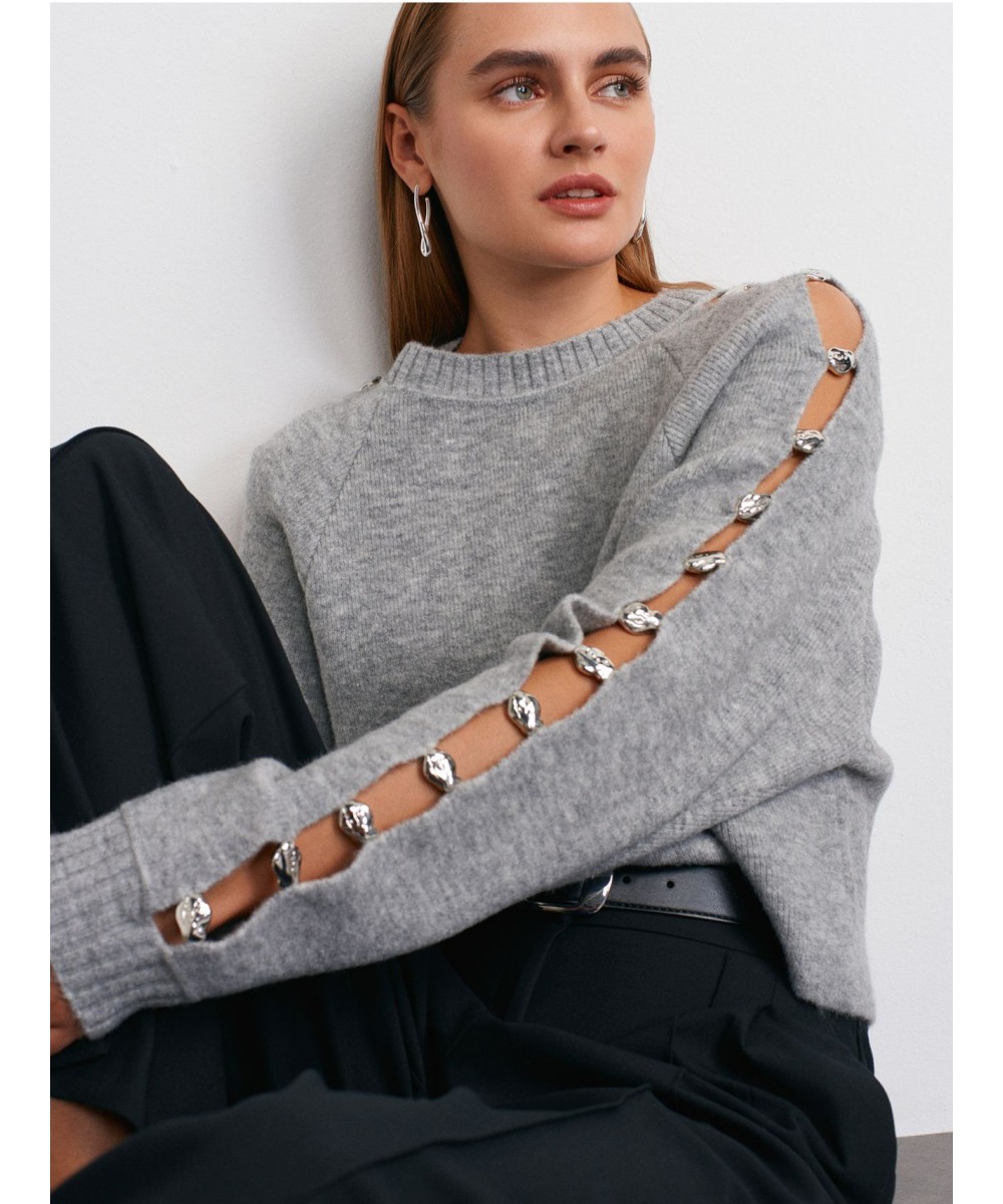 Bisiklet Yaka Aksesuar Detaylı Triko Kazak-Gri