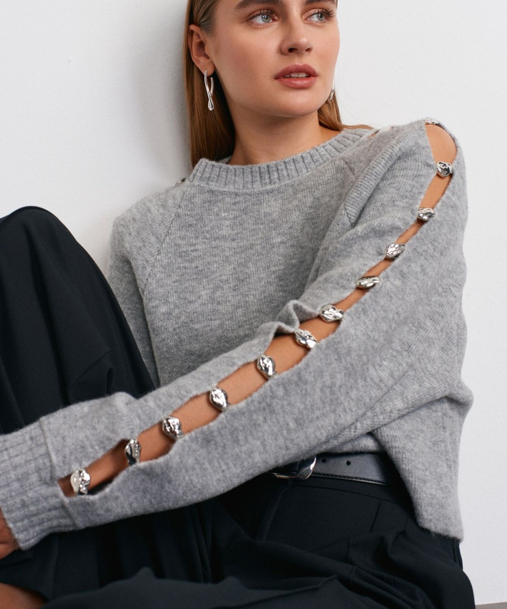 Bisiklet Yaka Aksesuar Detaylı Triko Kazak-Gri