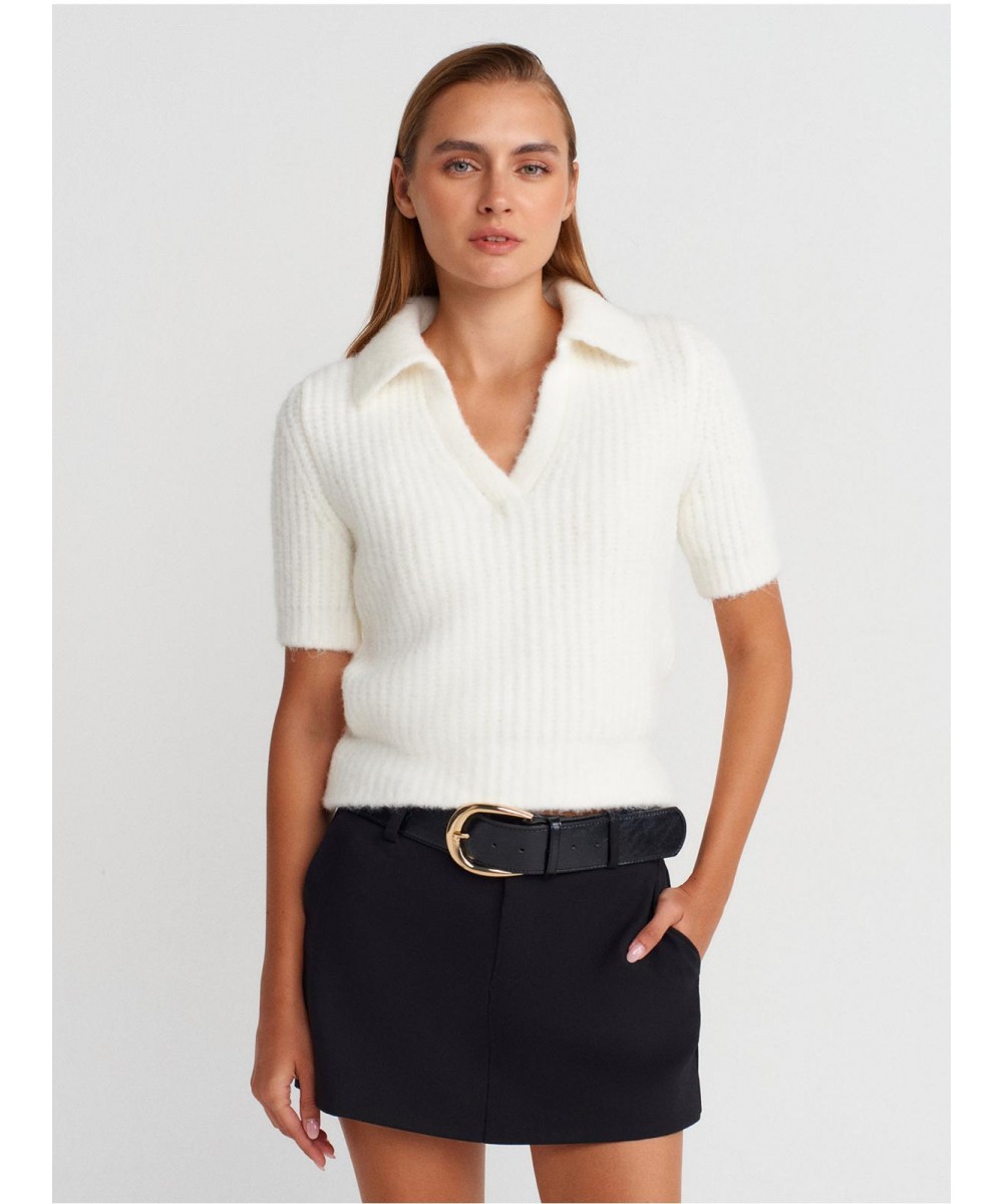 Yün Karışımlı Triko Kazak-Ekru