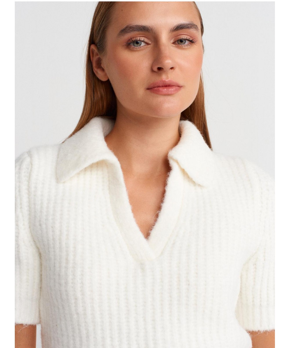 Yün Karışımlı Triko Kazak-Ekru