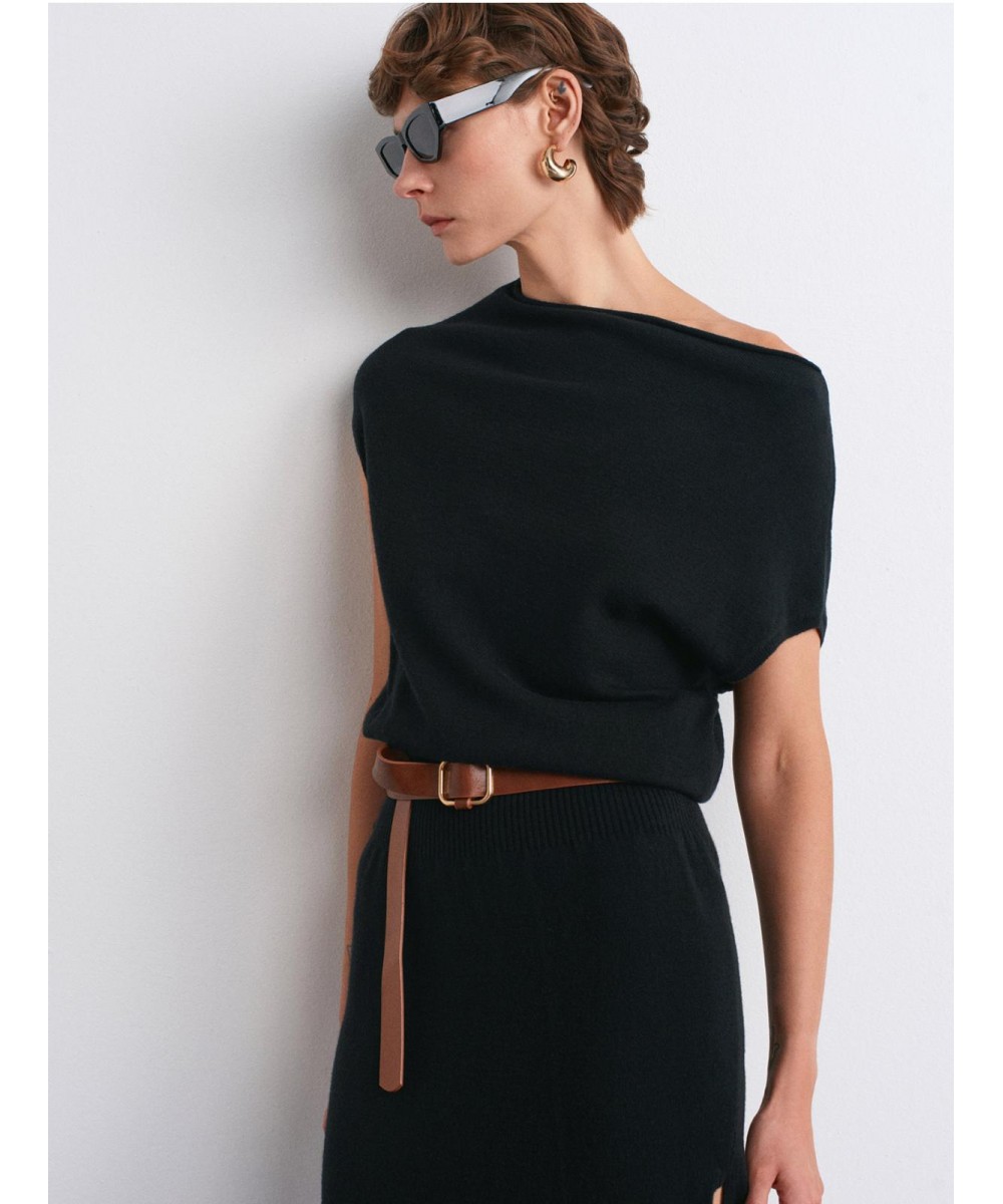 Yünlü Karışımlı Kemerli Triko Elbise-Siyah