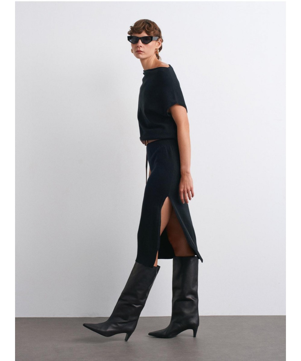 Yünlü Karışımlı Kemerli Triko Elbise-Siyah