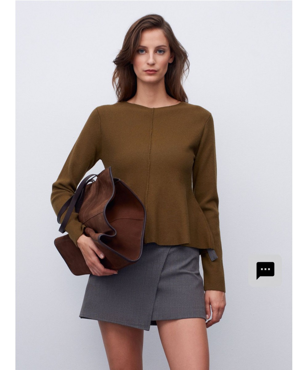 Bisiklet Yaka Peplum Triko Top-Haki