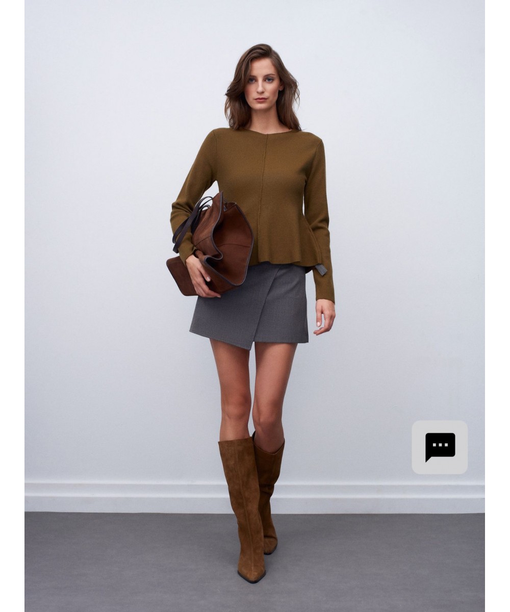 Bisiklet Yaka Peplum Triko Top-Haki