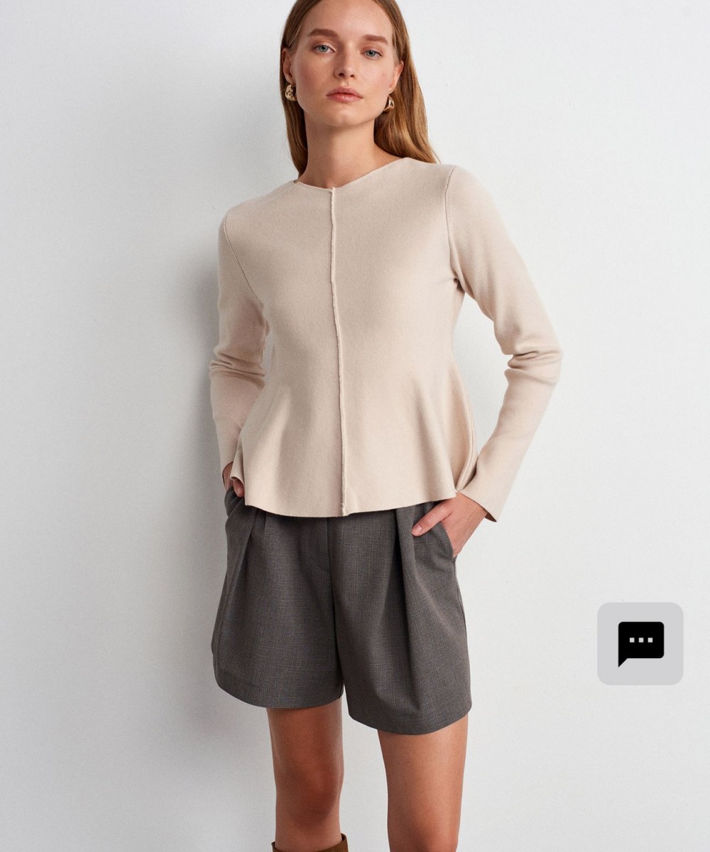 Bisiklet Yaka Peplum Triko Top-Açık Bej