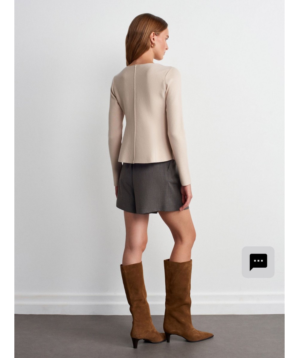 Bisiklet Yaka Peplum Triko Top-Açık Bej